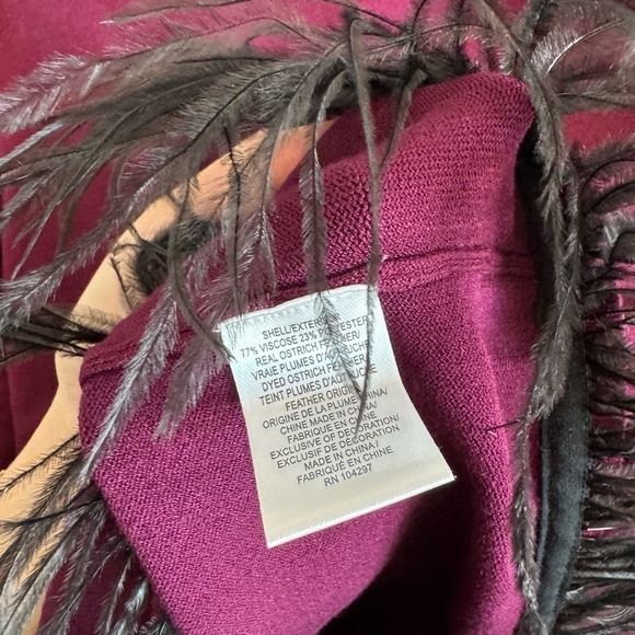 Milly Ostrich Feather Trim Crew Neck Pullover Sweater Burgundy Red Purple L - Picture 10 of 10
